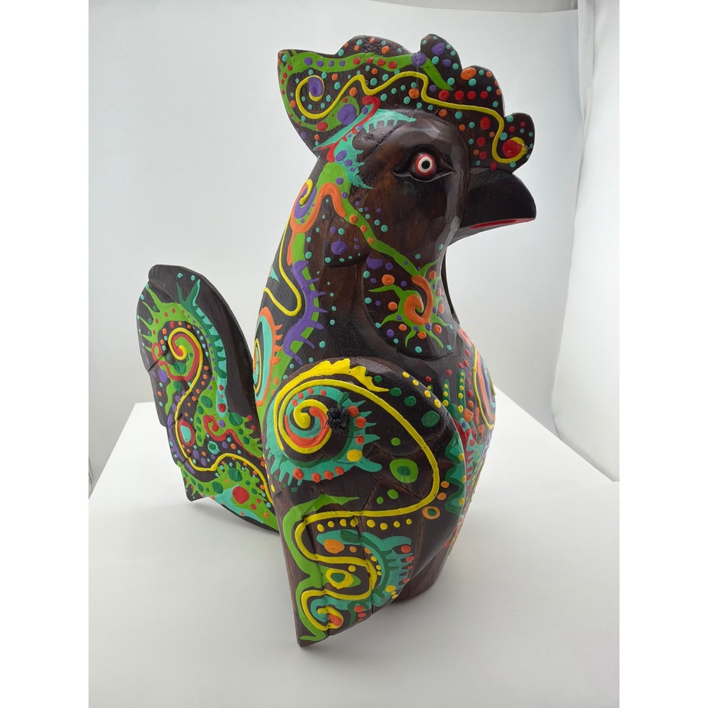 Hand Painted Wood Rooster Figurine Colorful Alebrije Style Folk Art Sculpture